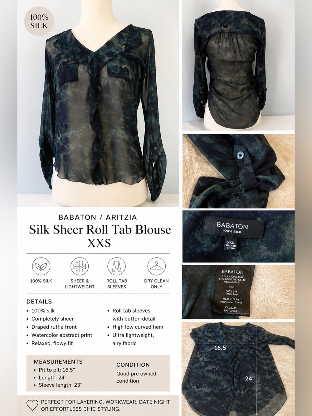 Babaton Aritzia Sheer Silk Watercolor Blouse XXS Dark Academia Chic